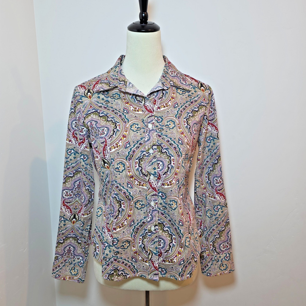 Talbots Long Sleeve Shirt Button Up Roll Tab Multicolor Paisley Size M Petite